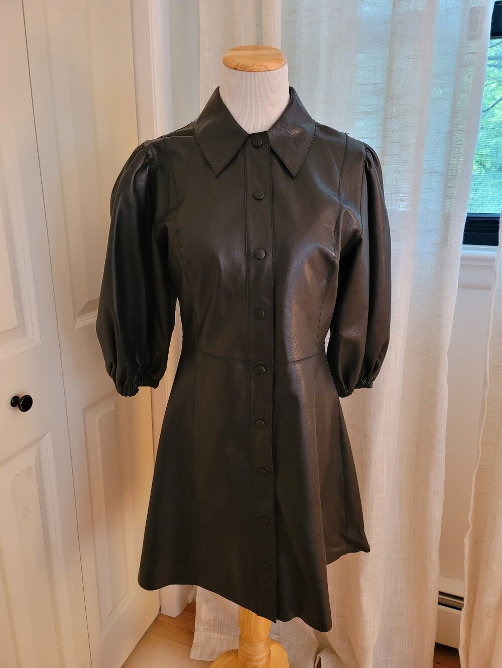 Ganni Black Leather Collar Puff Sleeve Dress Size 38 Pre-owned
